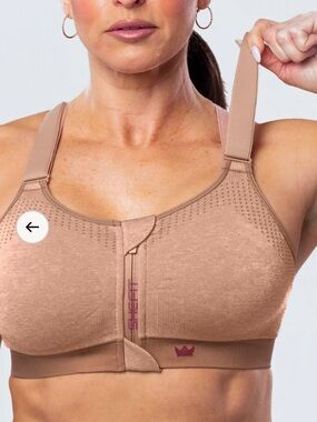 SHEFIT low impact Front-Zip Sports Bra in heather tan size luxe